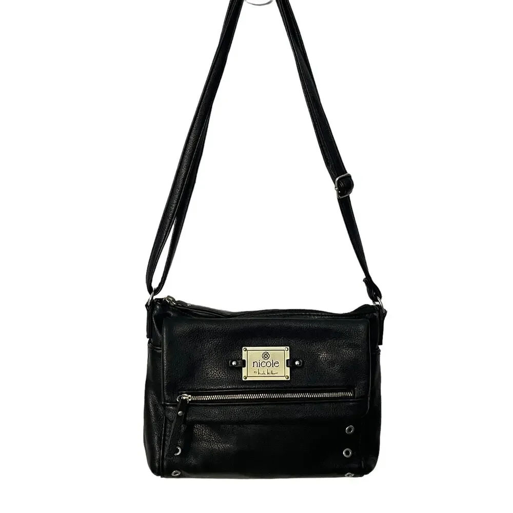 Nicole Miller Black Foldover Bag Womens Pebbled Vegan Leather Crossbody Purse